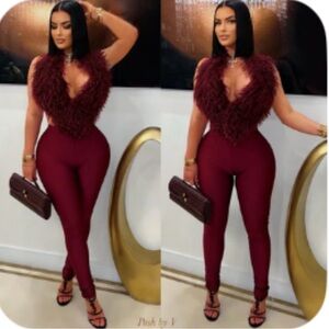 Chic Burgundy Jumpsuit with Faux Fur Detail